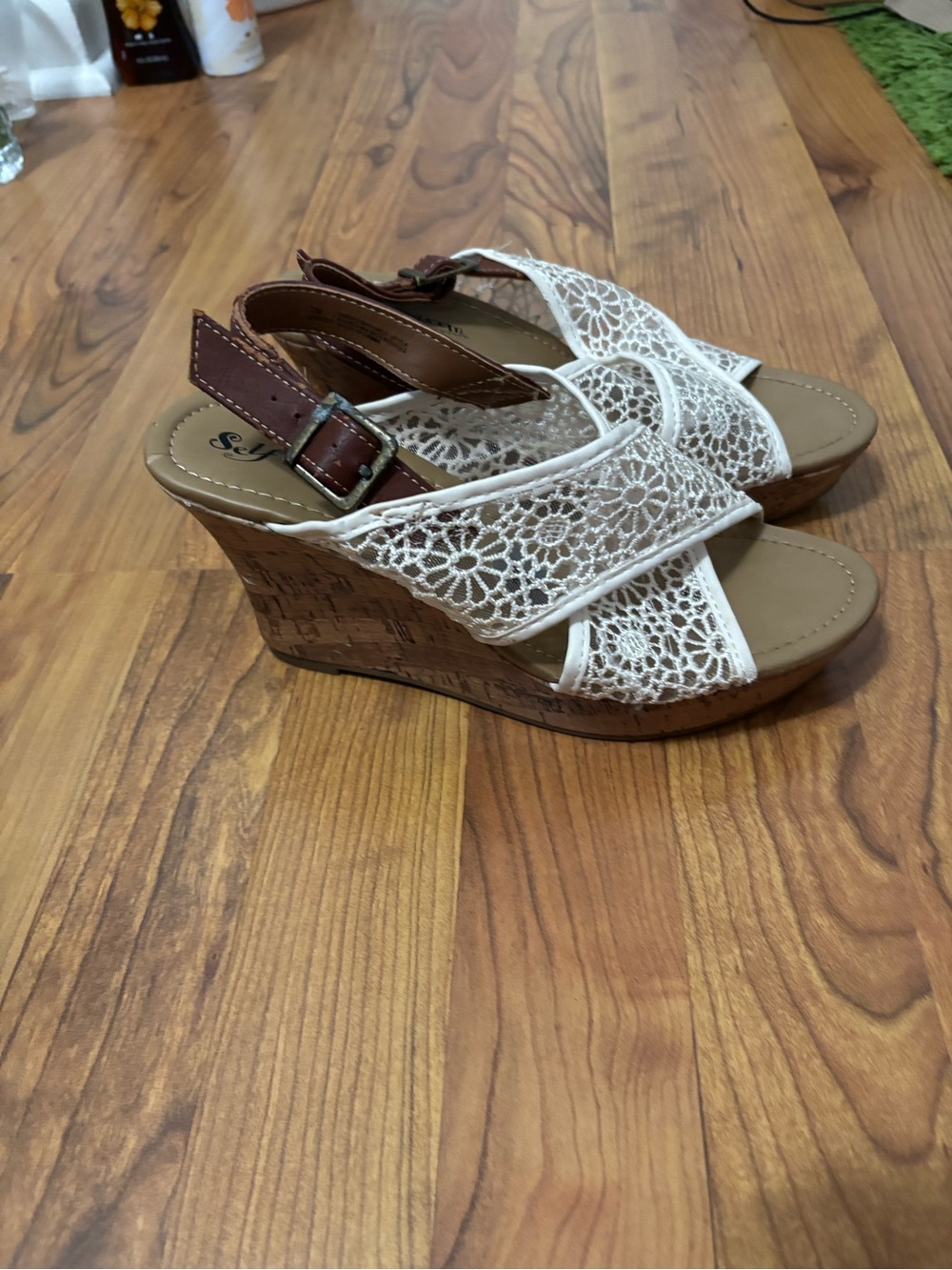 Self Esteem White Crochet Wedge Sandals with Brown Slingback - Picture 2 of 4